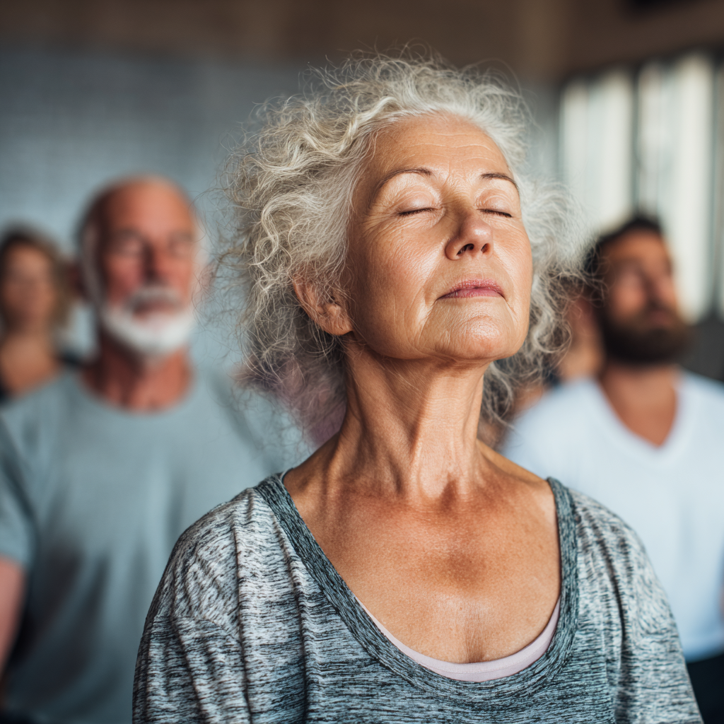Older adults in peaceful yoga session focusing on breath and gentle movement